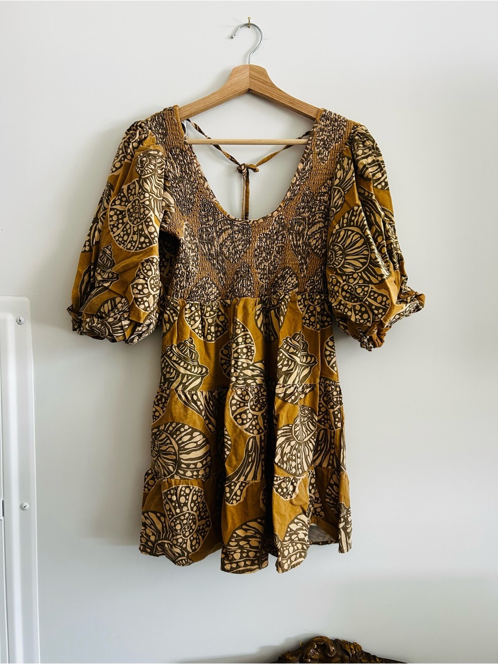 Girl & The Sun Imogen Puff-Sleeve Smocked Mini Dress in Shell Print